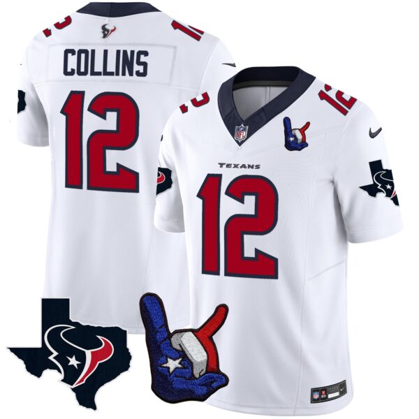 Houston Texans Hand Sign Throwing Up The H Vapor Jersey – All Stitched – White – Nico Collins Jersey