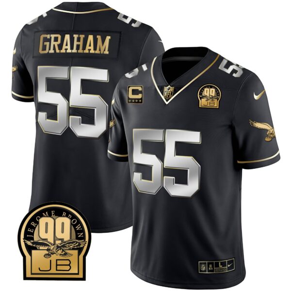 Eagles Jerome Brown Retired Patch Gold & Kelly Jersey – All Stitched – Black Limited – Brandon Graham Jersey
