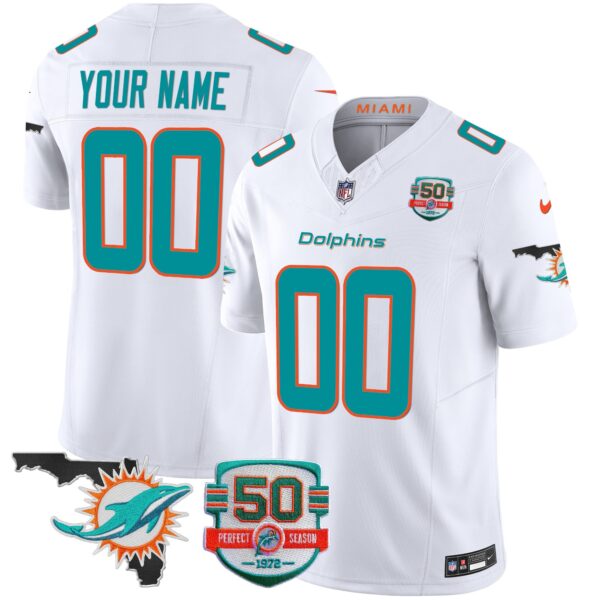 Dolphins 50th Perfect Season & Florida Patch Vapor Custom Jersey – All Stitched – White Jersey