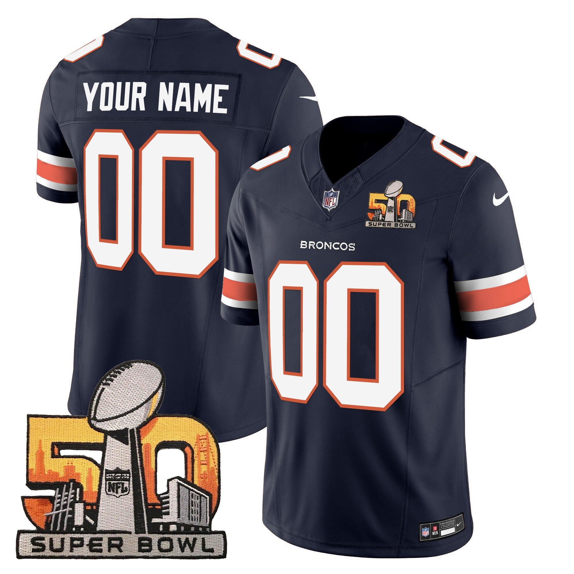 Denver Broncos Super Bowl 50 Patch Vapor Custom Jersey – All Stitched – Navy Jersey