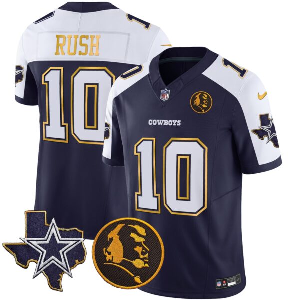 Cowboys Texas & John Madden Patch Gold Trim Vapor Jersey – All Stitched – Navy Alternate – Cooper Rush Jersey