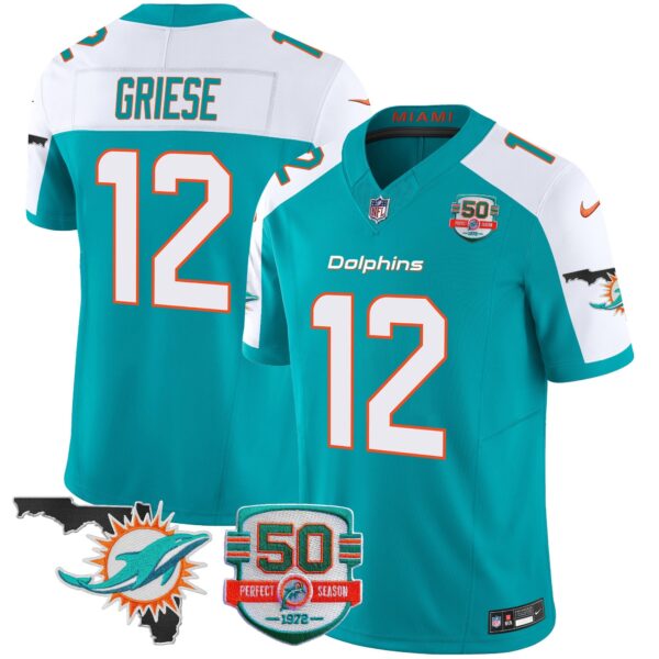 Dolphins 50th Perfect Season & Florida Patch Vapor Jersey – All Stitched – Aqua Alternate – Bob Griese Jersey