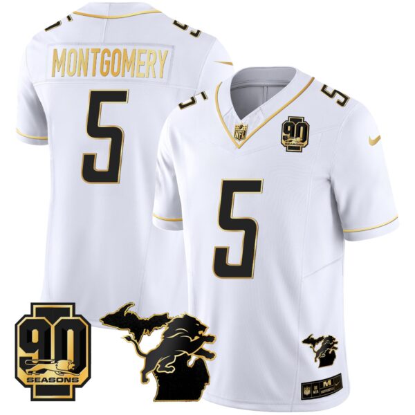 Detroit Lions 90th Year & Michigan Patch Gold Vapor Jersey – All Stitched – White Gold – David Montgomery Jersey