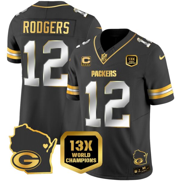 Packers 13 Time World Champions & Home Patch Gold Vapor Jersey V2 – All Stitched – Black Limited – Aaron Rodgers Jersey