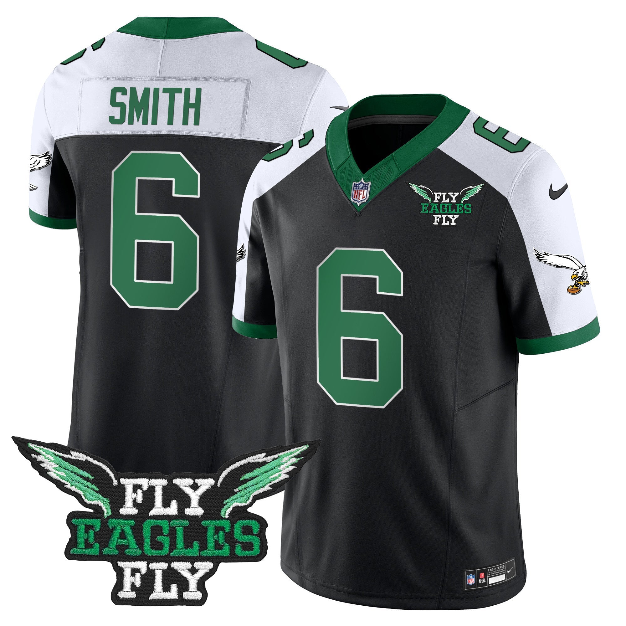Fly Eagles Fly Patch Throwback Kelly Green Vapor Jersey – All Stitched – Black Alternate – DeVonta Smith Jersey
