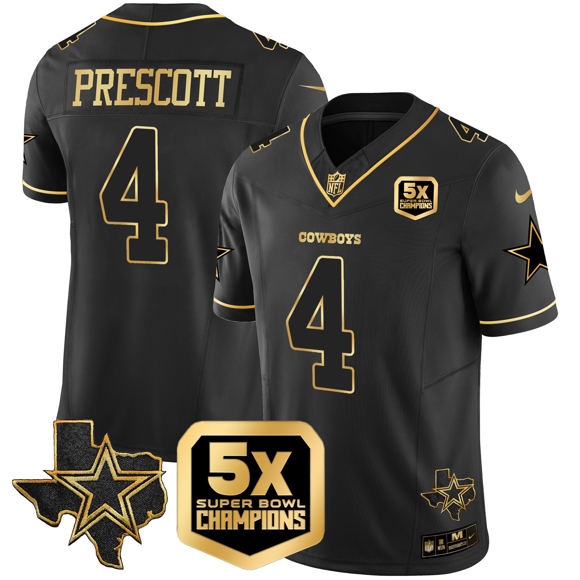 Cowboys 5x Super Bowl Champions Vapor Limited Jersey – All Stitched – Black Gold – Dak Prescott Jersey