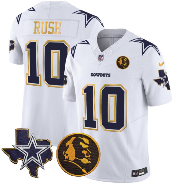 Cowboys Texas & John Madden Patch Gold Trim Vapor Jersey – All Stitched – White – Cooper Rush Jersey