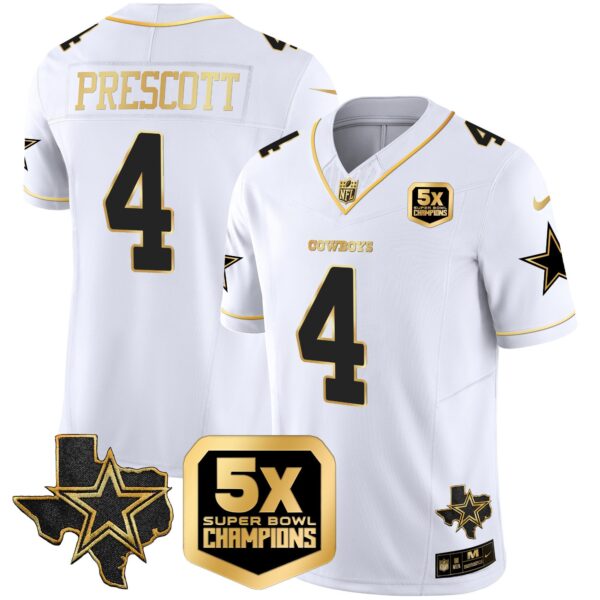 Cowboys 5x Super Bowl Champions Vapor Limited Jersey – All Stitched – White Gold – Dak Prescott Jersey