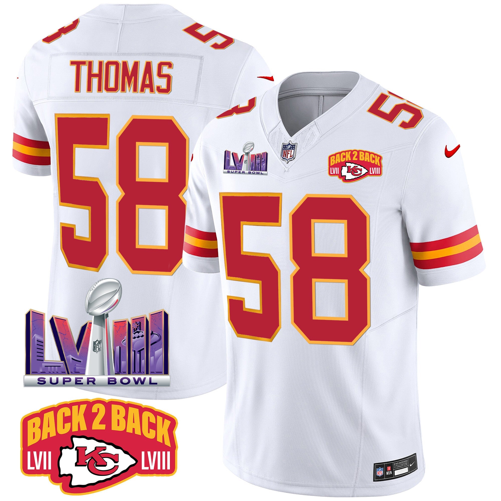 Chiefs Super Bowl LVIII & Back 2 Back Patch Vapor Jersey – All Stitched – White – Derrick Thomas Jersey