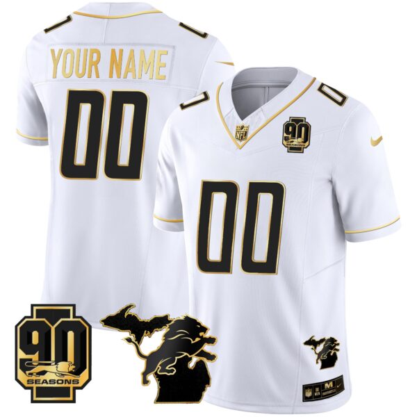Detroit Lions 90th Year & Michigan Patch Gold Vapor Custom Jersey – All Stitched – White Gold Jersey