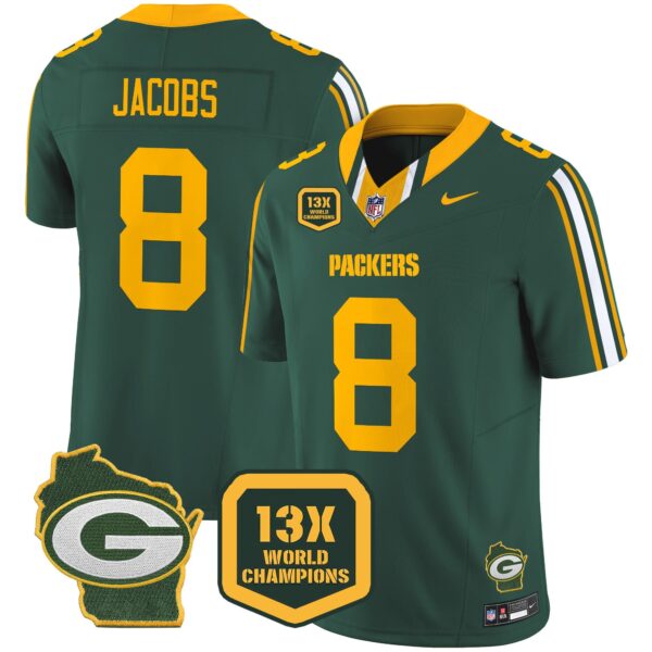 Packers 13 Time World Champions & Home Patch Vapor Limited Jersey – All Stitched – Green – Josh Jacobs Jersey