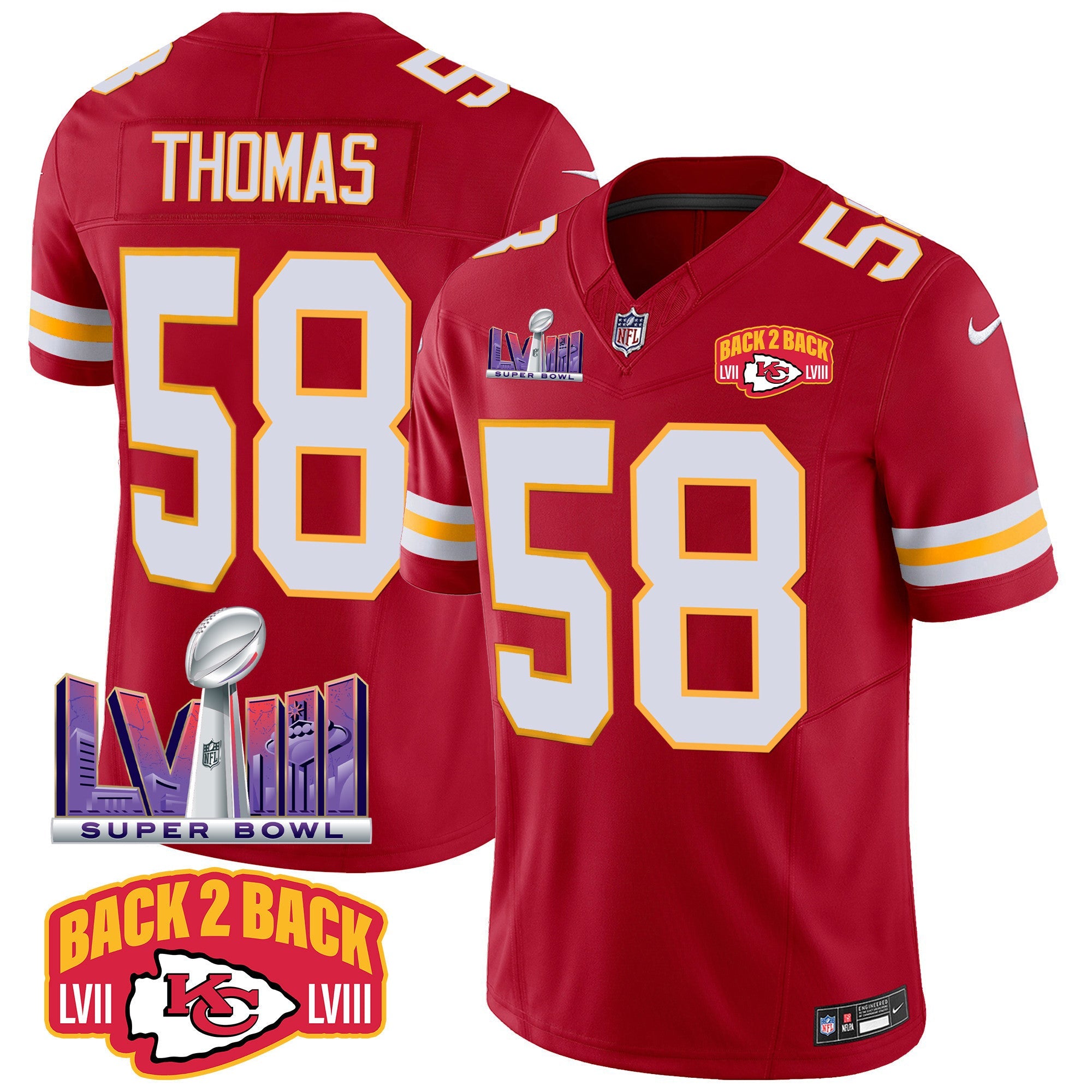 Chiefs Super Bowl LVIII & Back 2 Back Patch Vapor Jersey – All Stitched – Red – Derrick Thomas Jersey