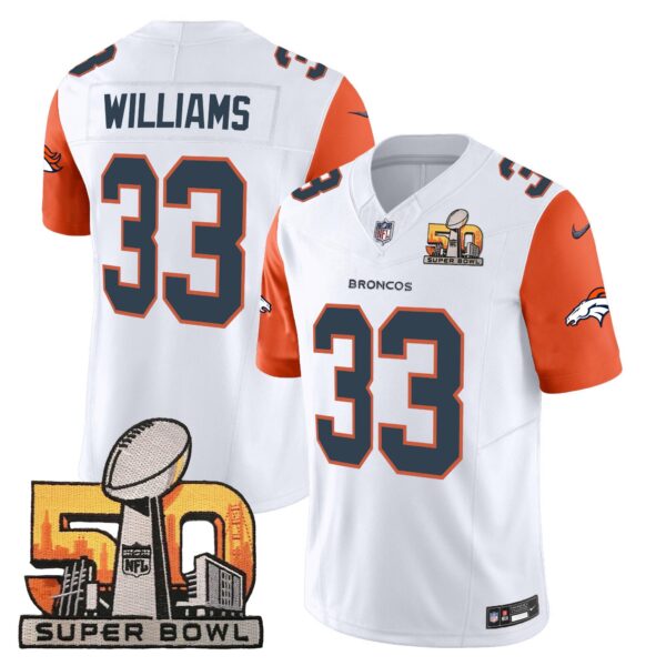 Denver Broncos Super Bowl 50 Patch Vapor Jersey – All Stitched – Orange Sleeves – Javonte Williams Jersey