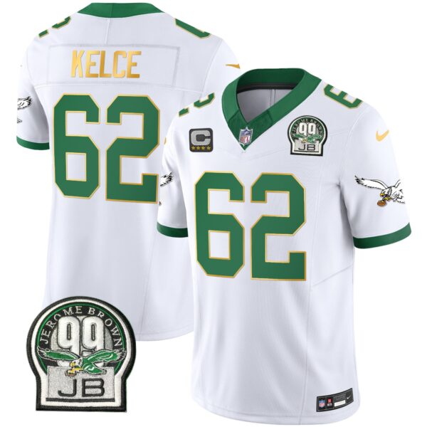 Eagles Jerome Brown Patch Kelly Green Gold Trim Jersey – All Stitched – Kelly White – Jason Kelce Jersey