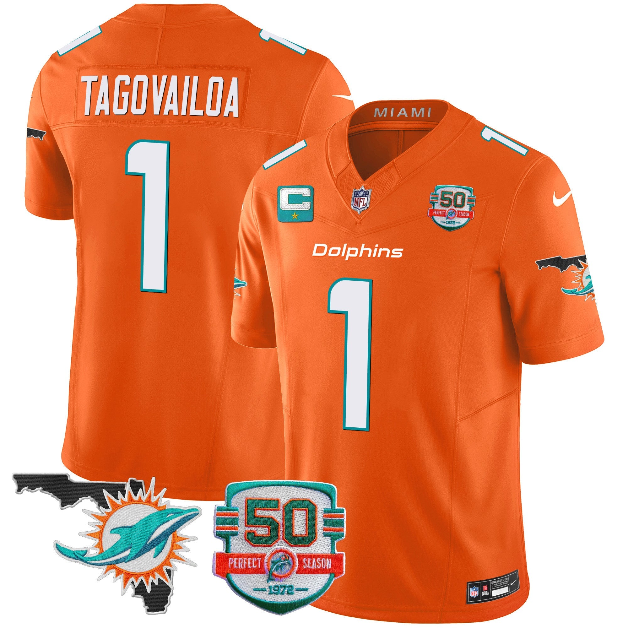 Dolphins 50th Perfect Season & Florida Patch Vapor Jersey – All Stitched – Orange – Tua Tagovailoa Jersey