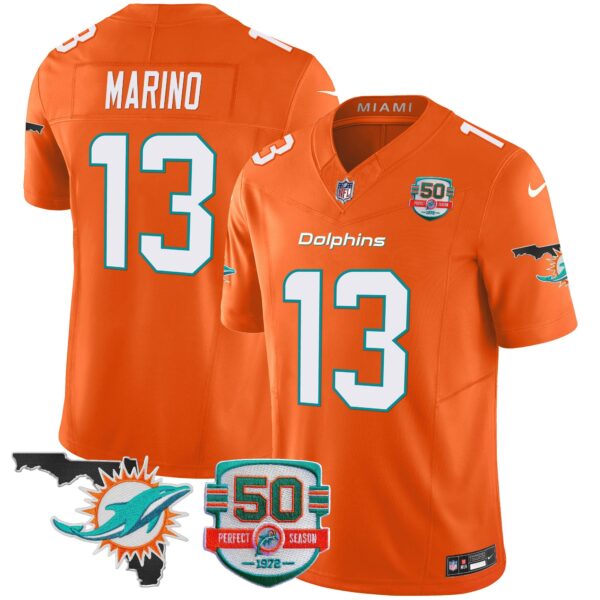 Dolphins 50th Perfect Season & Florida Patch Vapor Jersey – All Stitched – Orange – Dan Marino Jersey