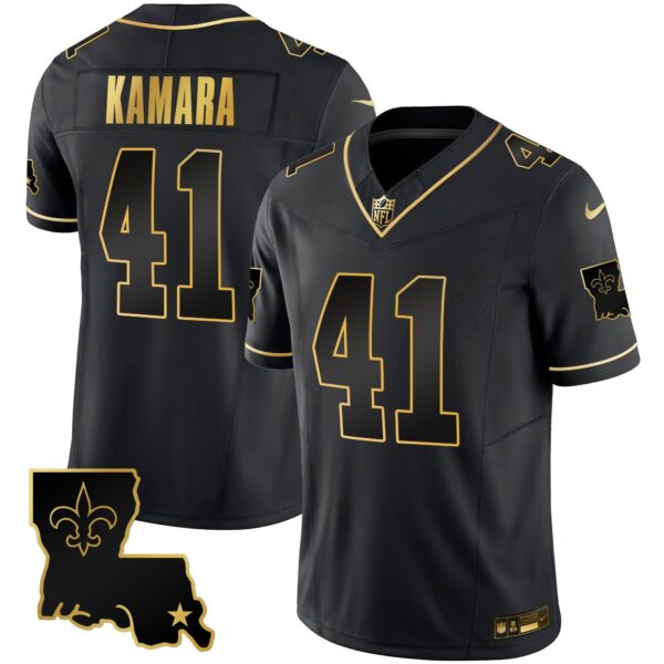 Saints 1987 Legacy Gold Vapor Jersey – All Stitched – Black Gold – Alvin Kamara Jersey