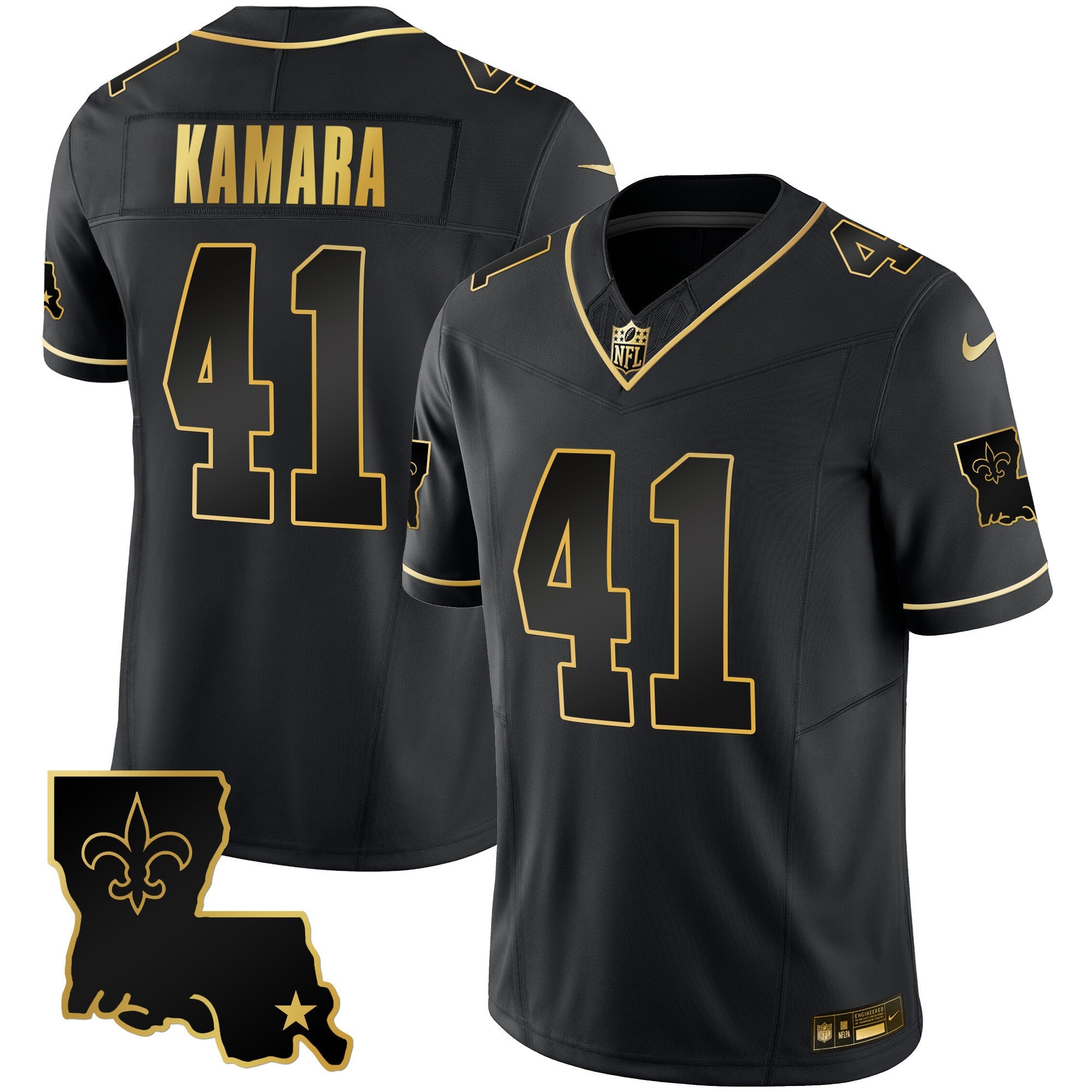 Saints 1987 Legacy Gold Vapor Jersey – All Stitched – Black Gold – Alvin Kamara Jersey