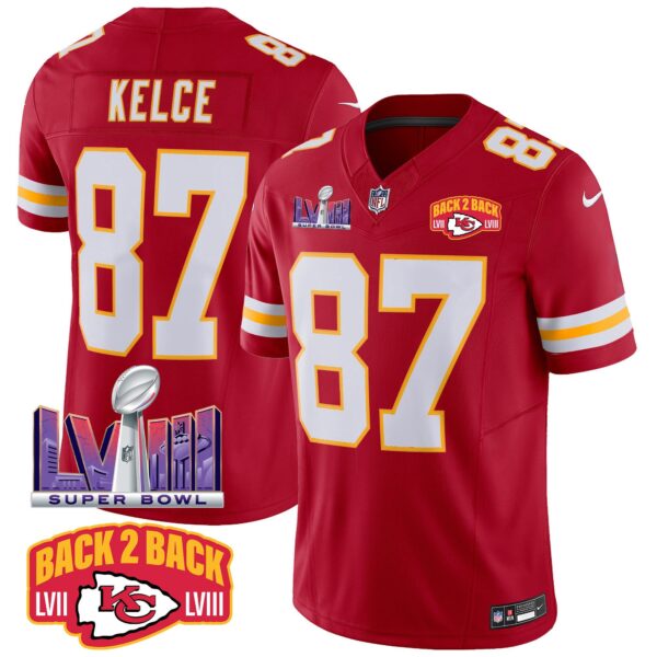 Chiefs Super Bowl LVIII & Back 2 Back Patch Vapor Jersey – All Stitched – Red – Travis Kelce Jersey