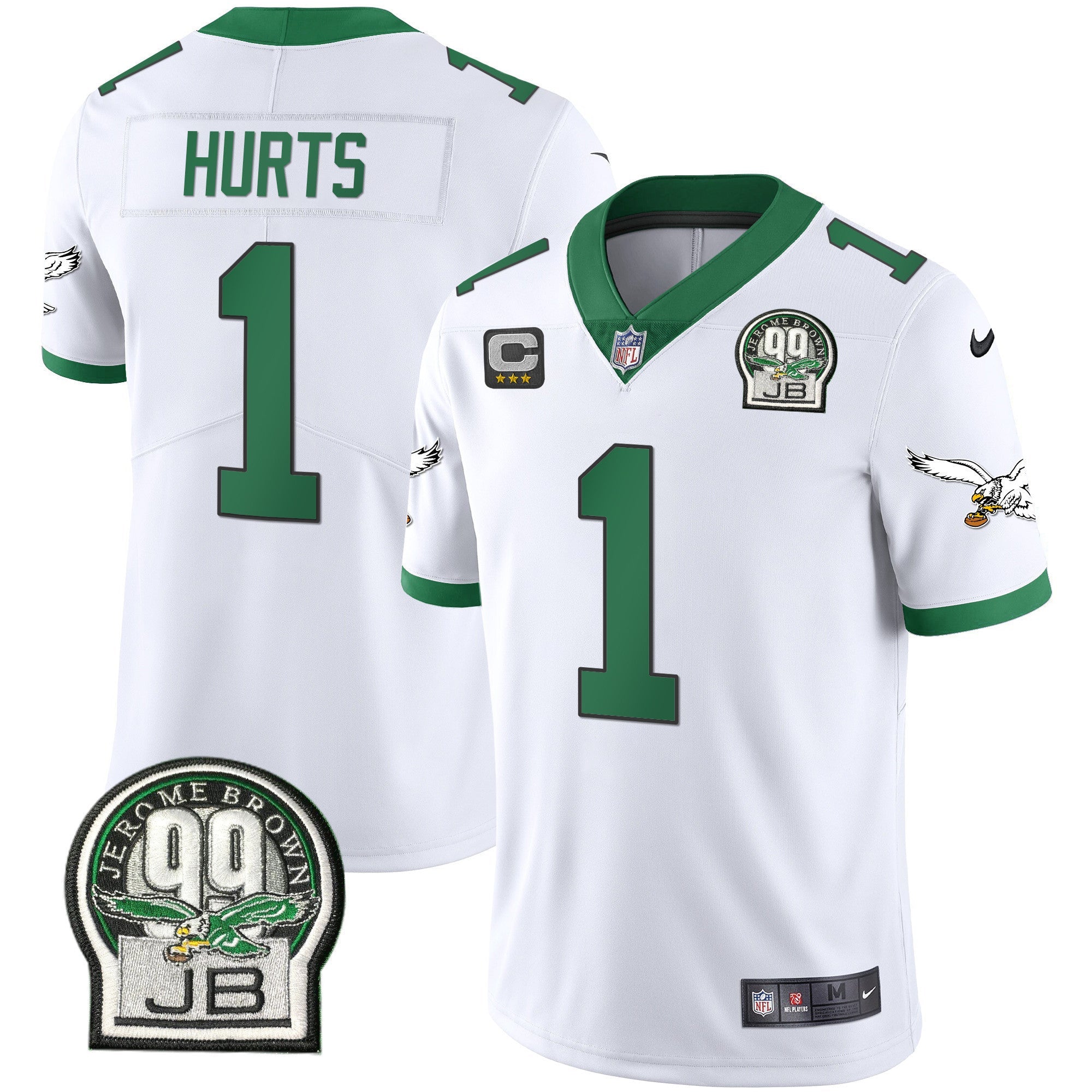 Eagles Jerome Brown Retired Patch Gold & Kelly Jersey – All Stitched – Kelly White – Jalen Hurts Jersey