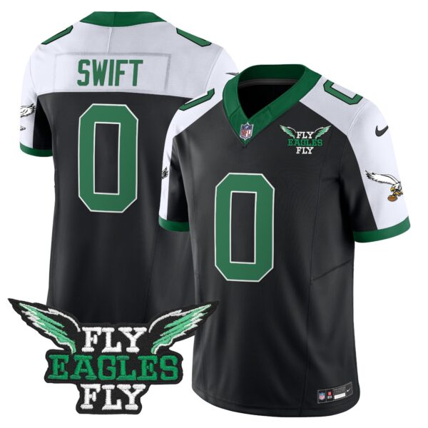 Fly Eagles Fly Patch Throwback Kelly Green Vapor Jersey – All Stitched – Black Alternate – D’Andre Swift Jersey