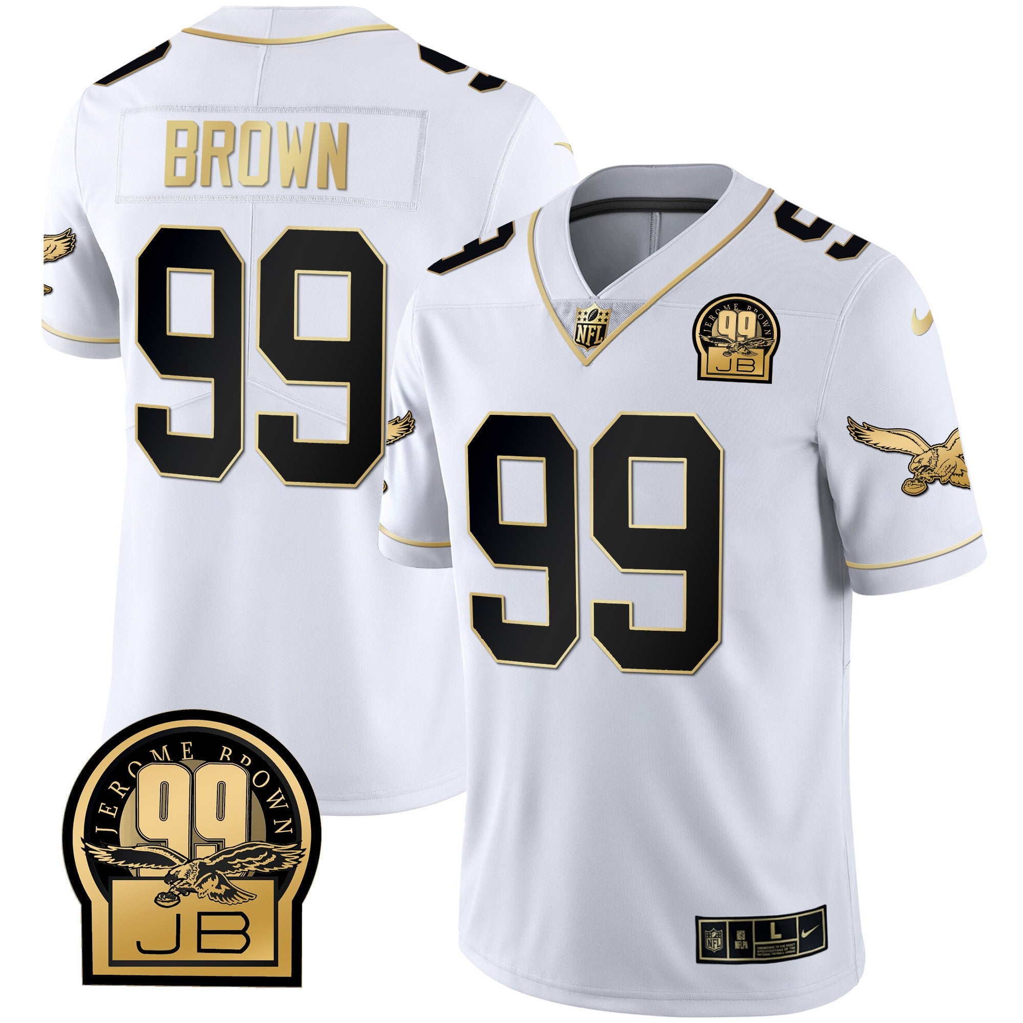 Eagles Jerome Brown Retired Patch Gold & Kelly Jersey – All Stitched – White Gold – Jerome Brown Jersey