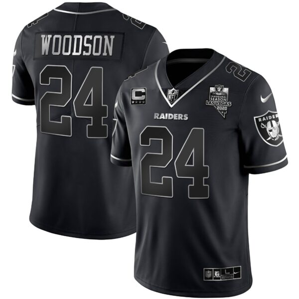 Raiders Inaugural Season Patch Gold & Split – All Stitched – Black Silver – Charles Woodson Jersey