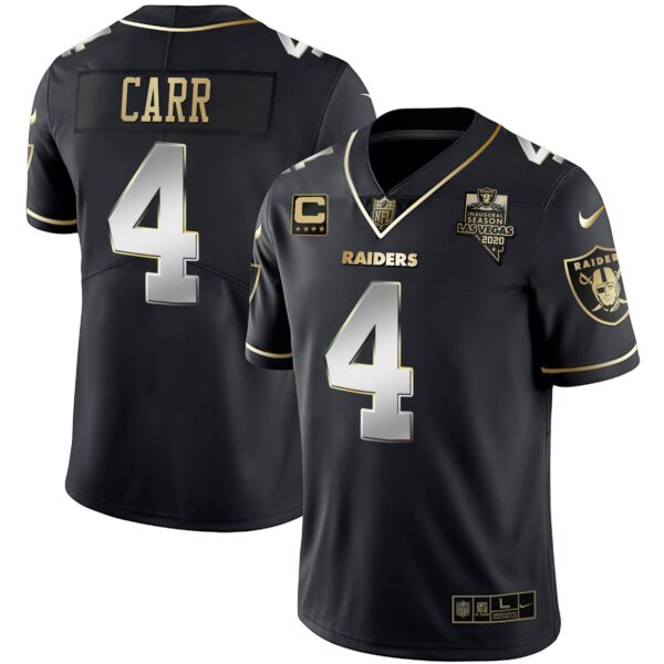 Raiders Inaugural Season Patch Gold & Split – All Stitched – Black Limited – Derek Carr Jersey