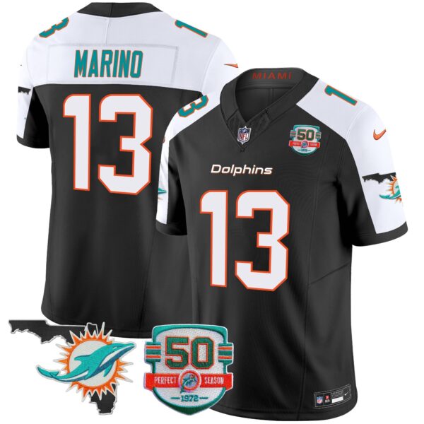Dolphins 50th Perfect Season & Florida Patch Vapor Jersey – All Stitched – Black Alternate – Dan Marino Jersey