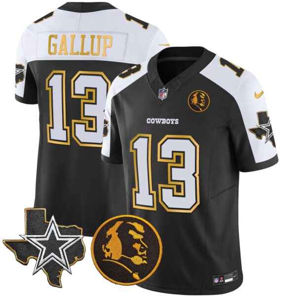 Cowboys Texas & John Madden Patch Gold Trim Vapor Jersey – All Stitched – Black Alternate – Michael Gallup Jersey