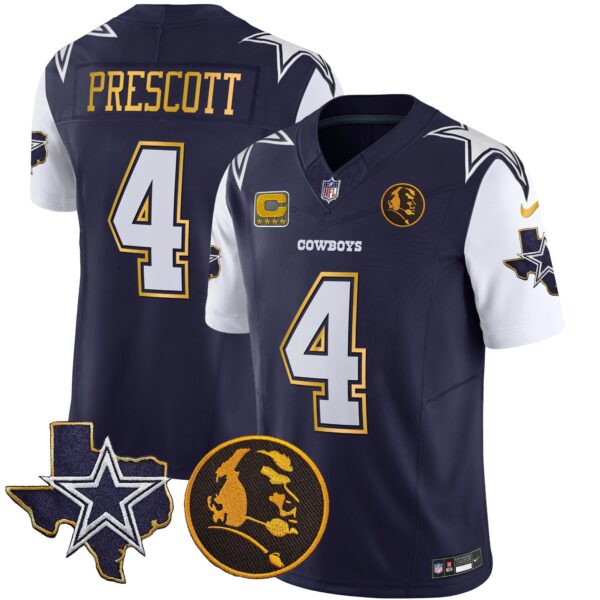 Cowboys Texas & John Madden Patch Gold Trim Vapor Jersey – All Stitched – Navy – Dak Prescott Jersey