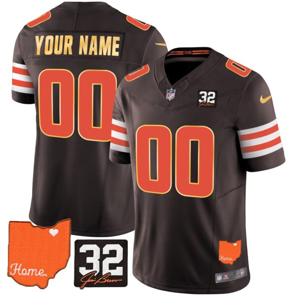 Browns #32 Jim Brown Memorial & Home Patch Gold Trim Custom Jersey – All Stitched – Brown Jersey