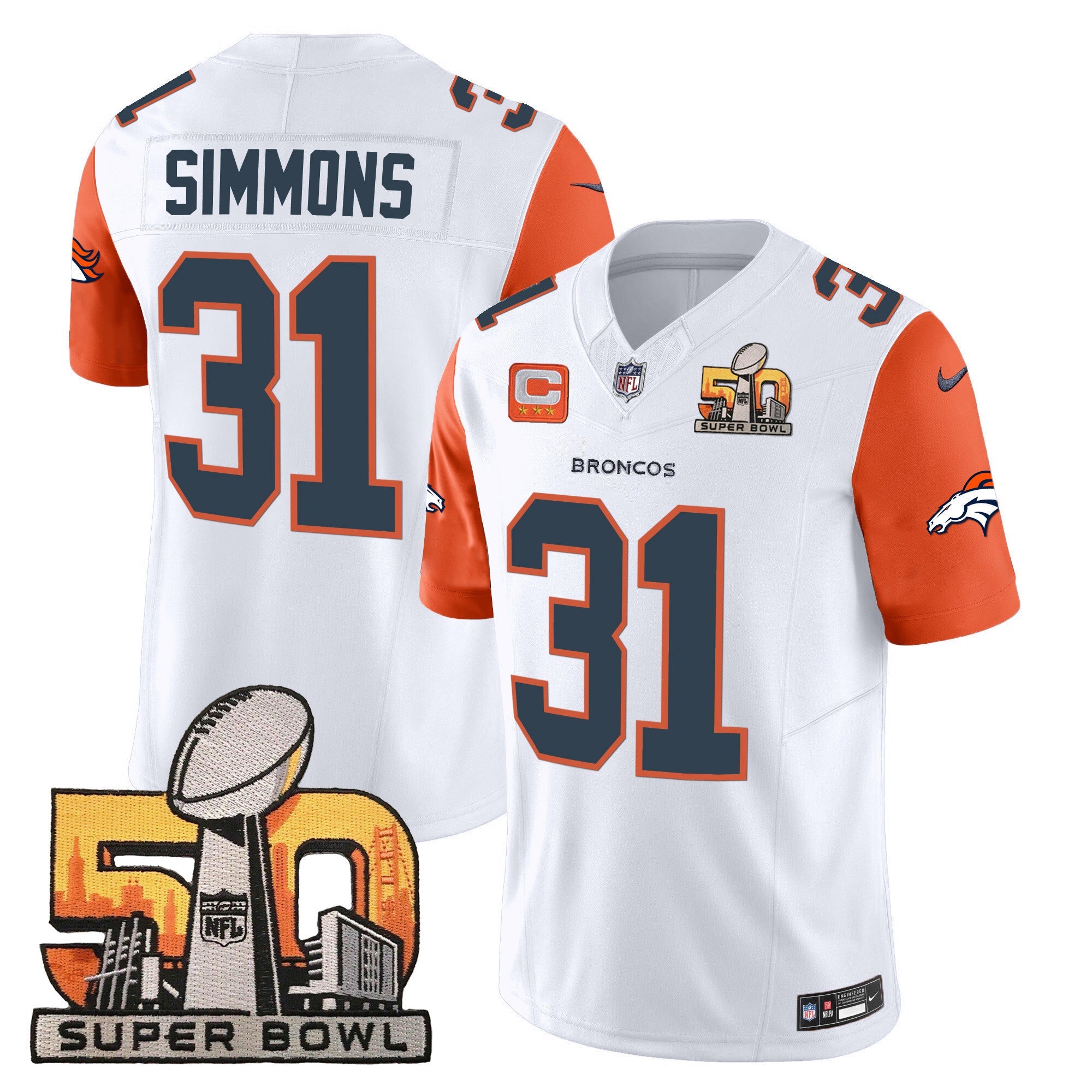 Denver Broncos Super Bowl 50 Patch Vapor Jersey – All Stitched – Orange Sleeves – Justin Simmons Jersey