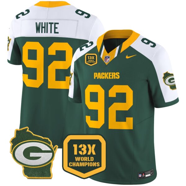 Packers 13 Time World Champions & Home Patch Vapor Limited Jersey – All Stitched – Alternate – Reggie White Jersey