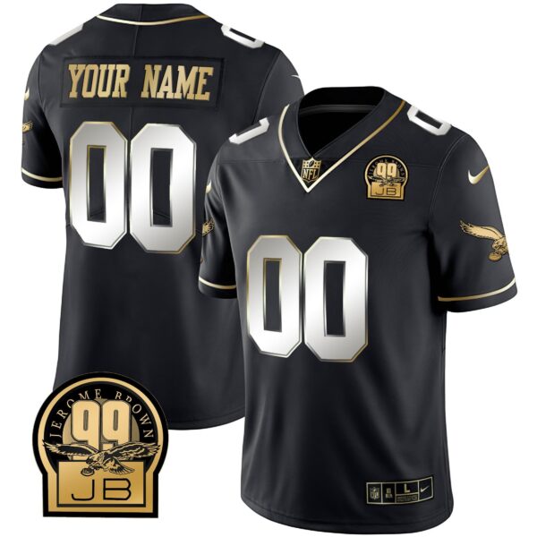 Eagles Jerome Brown Retired Patch Gold & Kelly Custom Jersey – All Stitched – Black Limited Jersey