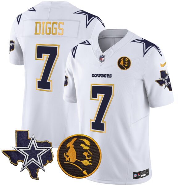 Cowboys Texas & John Madden Patch Gold Trim Vapor Jersey – All Stitched – White – Trevon Diggs Jersey