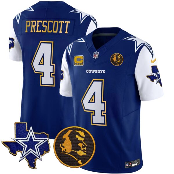 Cowboys Texas & John Madden Patch Gold Trim Vapor Jersey – All Stitched – Royal – Dak Prescott Jersey