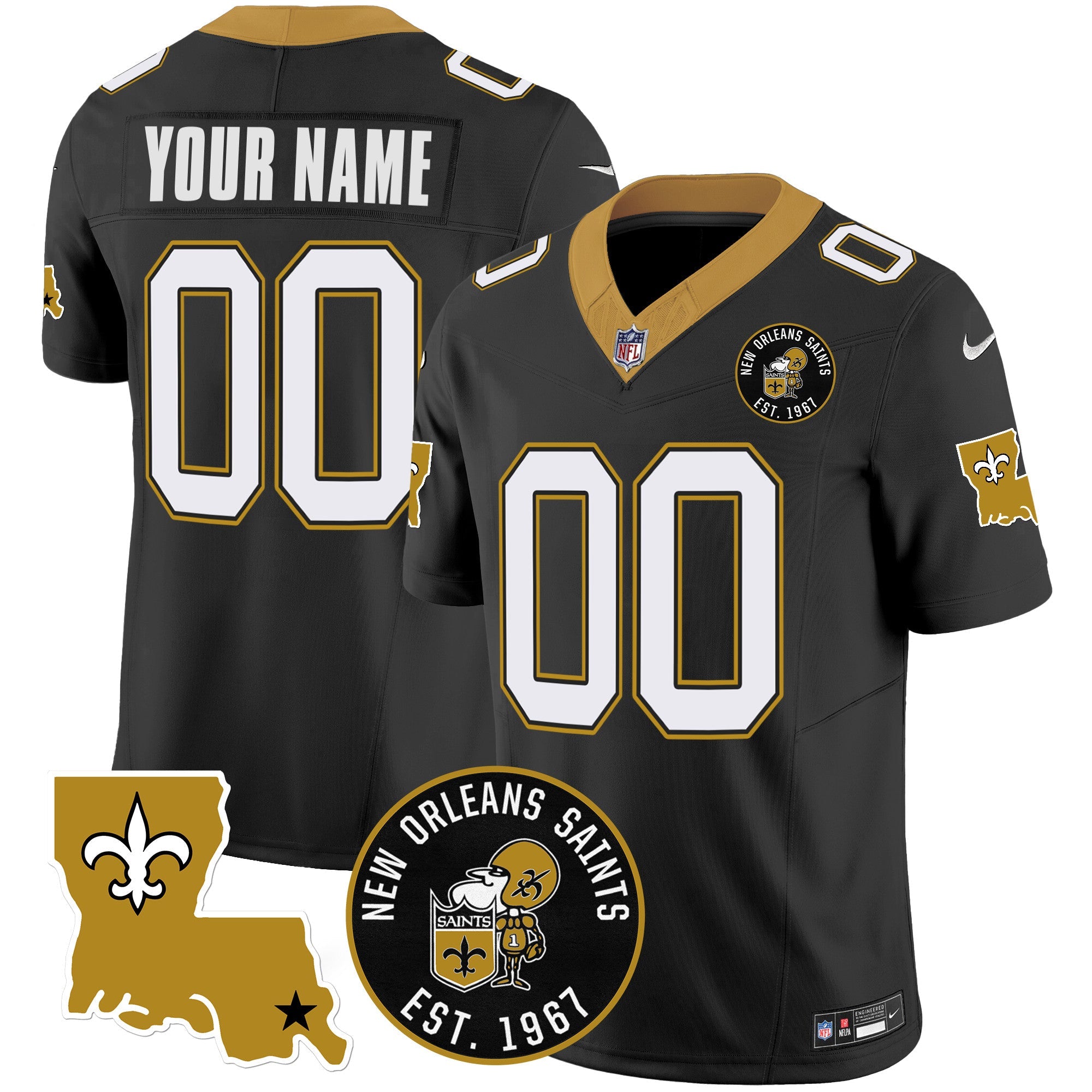 Saints EST. 1967 Patch Vapor Custom Jersey – All Stitched – Black Jersey