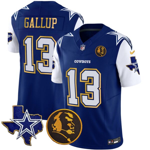 Cowboys Texas & John Madden Patch Gold Trim Vapor Jersey – All Stitched – Royal – Michael Gallup Jersey