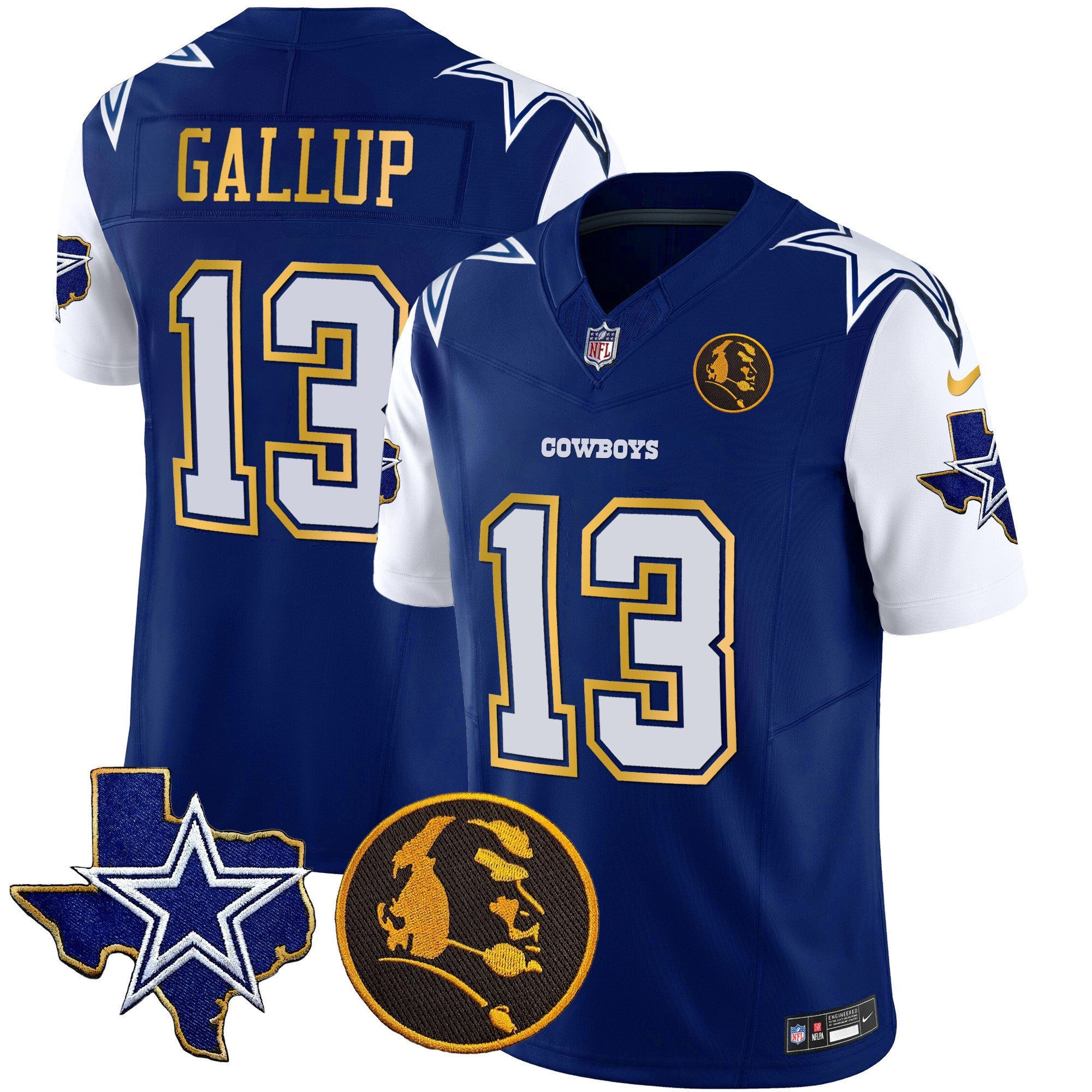 Cowboys Texas & John Madden Patch Gold Trim Vapor Jersey – All Stitched – Royal – Michael Gallup Jersey