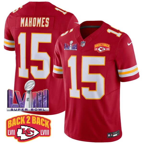 Chiefs Super Bowl LVIII & Back 2 Back Patch Vapor Jersey – All Stitched – Red – Patrick Mahomes Jersey