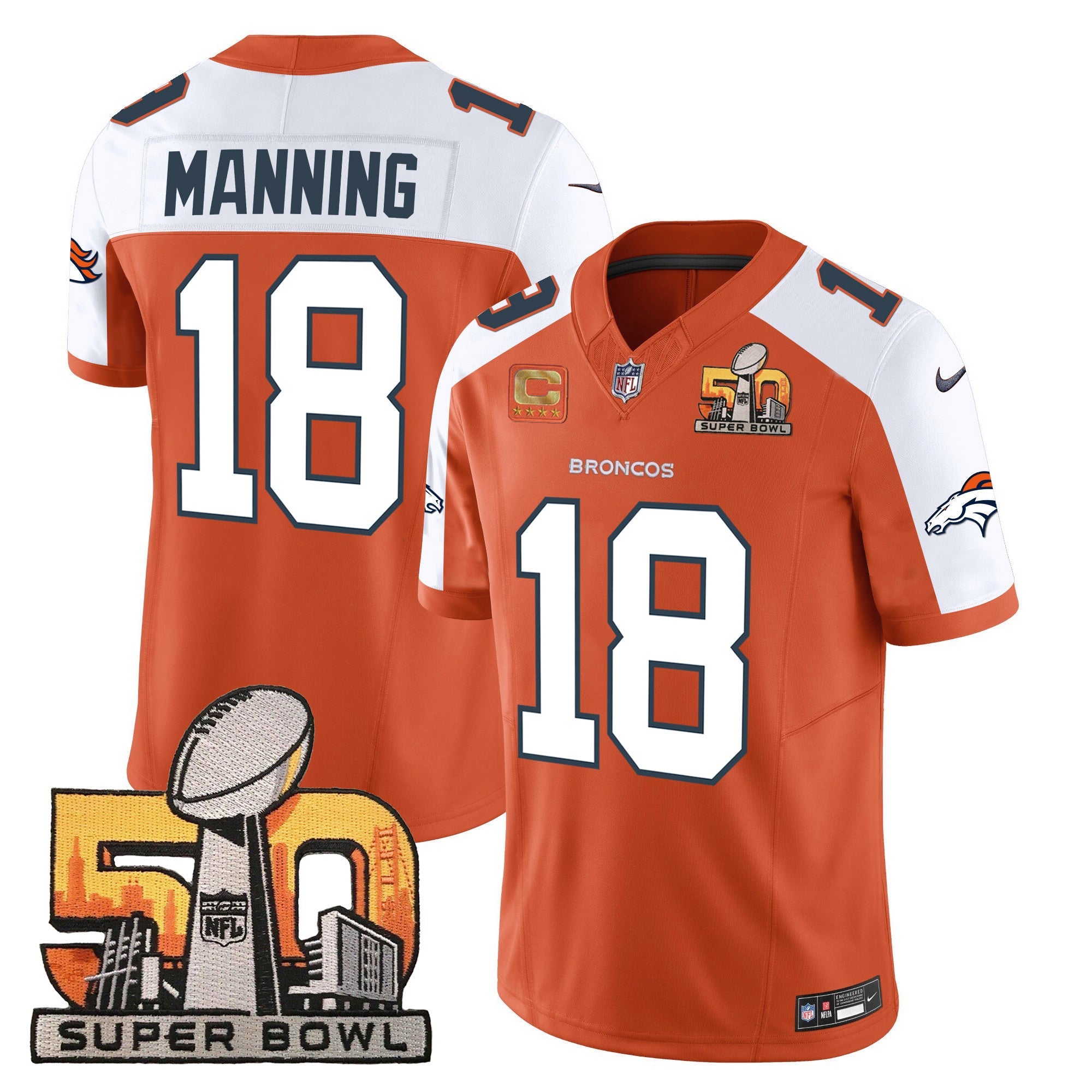 Denver Broncos Super Bowl 50 Patch Vapor Jersey – All Stitched – Orange Alternate – Peyton Manning Jersey