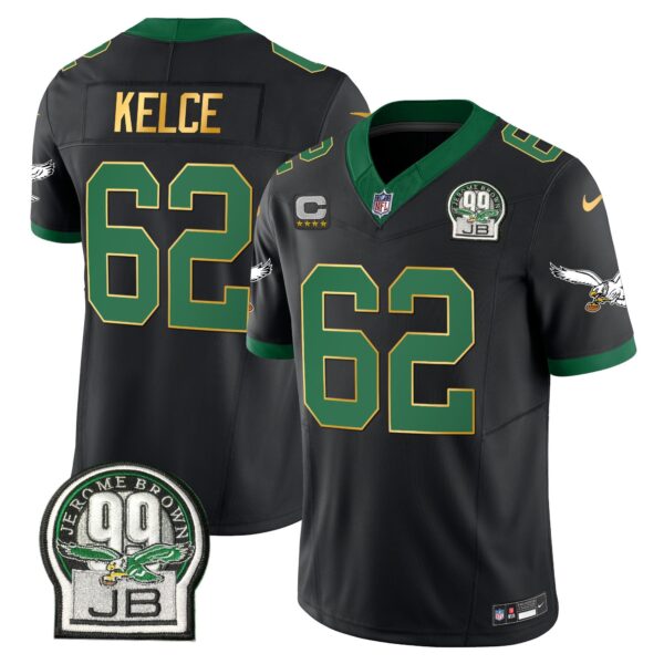 Eagles Jerome Brown Patch Kelly Green Gold Trim Jersey – All Stitched – Black – Jason Kelce Jersey