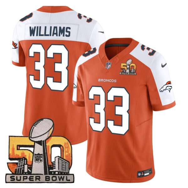 Denver Broncos Super Bowl 50 Patch Vapor Jersey – All Stitched – Orange Alternate – Javonte Williams Jersey