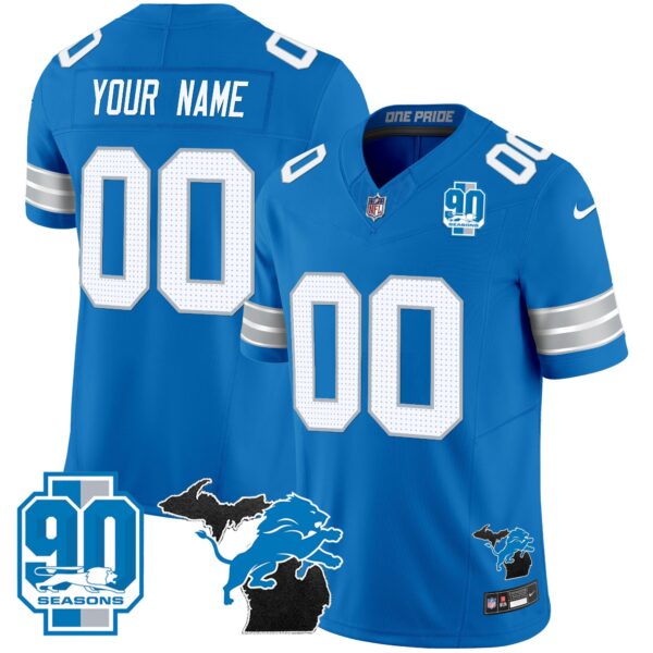 Detroit Lions 2024 Michigan & 90th Year Patch Vapor Custom Jersey – All Stitched – Blue Jersey