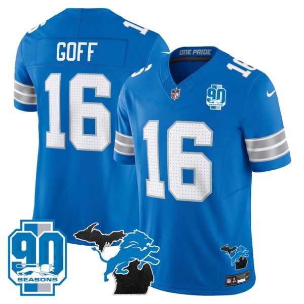 Detroit Lions 2024 Michigan & 90th Year Patch Vapor Jersey – All Stitched – Blue – Jared Goff Jersey