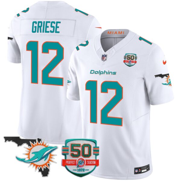Dolphins 50th Perfect Season & Florida Patch Vapor Jersey – All Stitched – White – Bob Griese Jersey