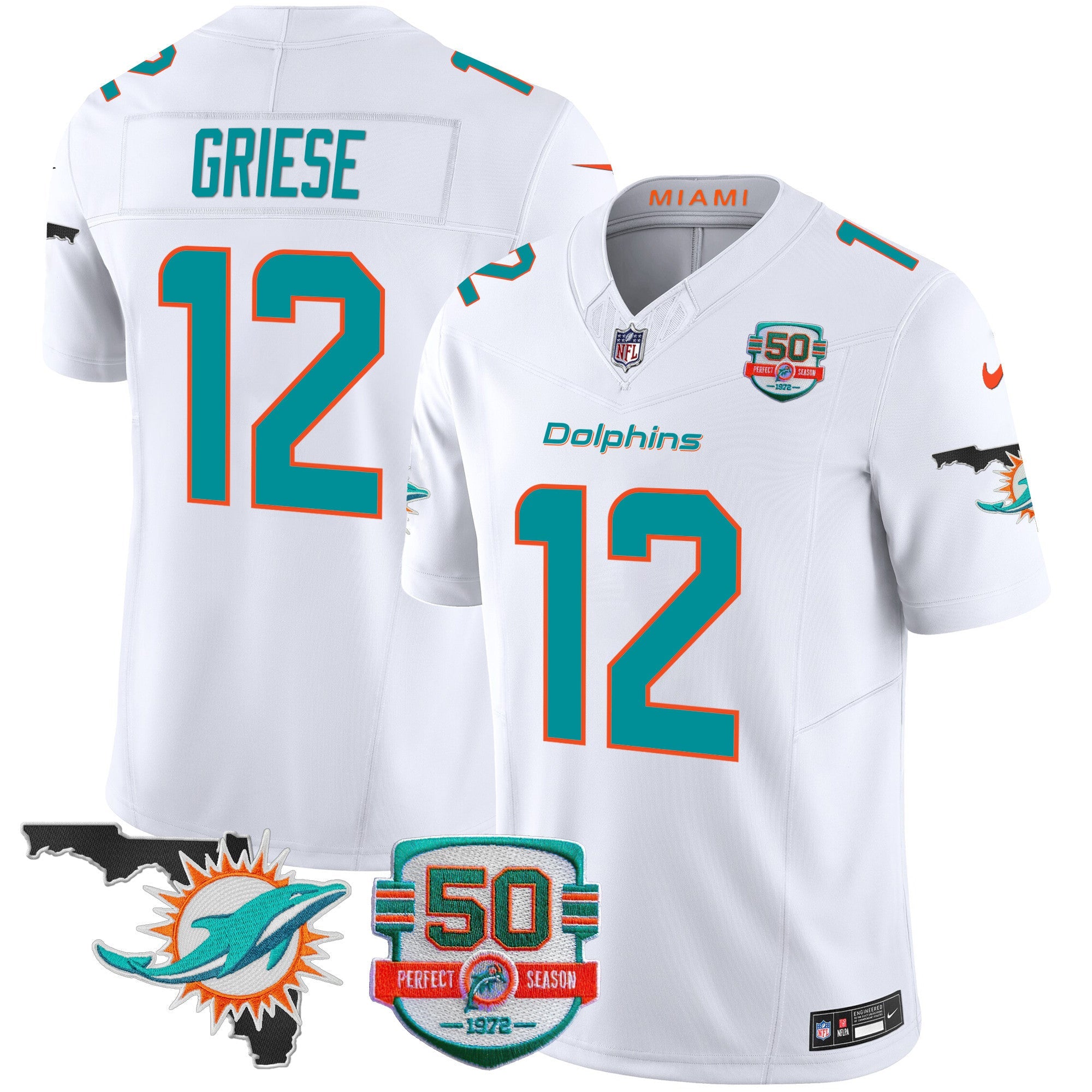 Dolphins 50th Perfect Season & Florida Patch Vapor Jersey – All Stitched – White – Bob Griese Jersey