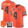 Browns #32 Jim Brown Memorial & Home Patch Gold Trim Jersey – All Stitched – Orange – Deshaun Watson Jersey