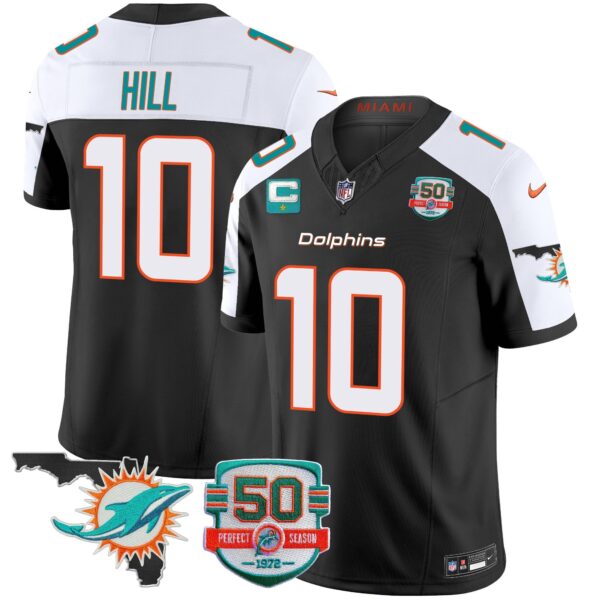 Dolphins 50th Perfect Season & Florida Patch Vapor Jersey – All Stitched – Black Alternate – Tyreek Hill Jersey